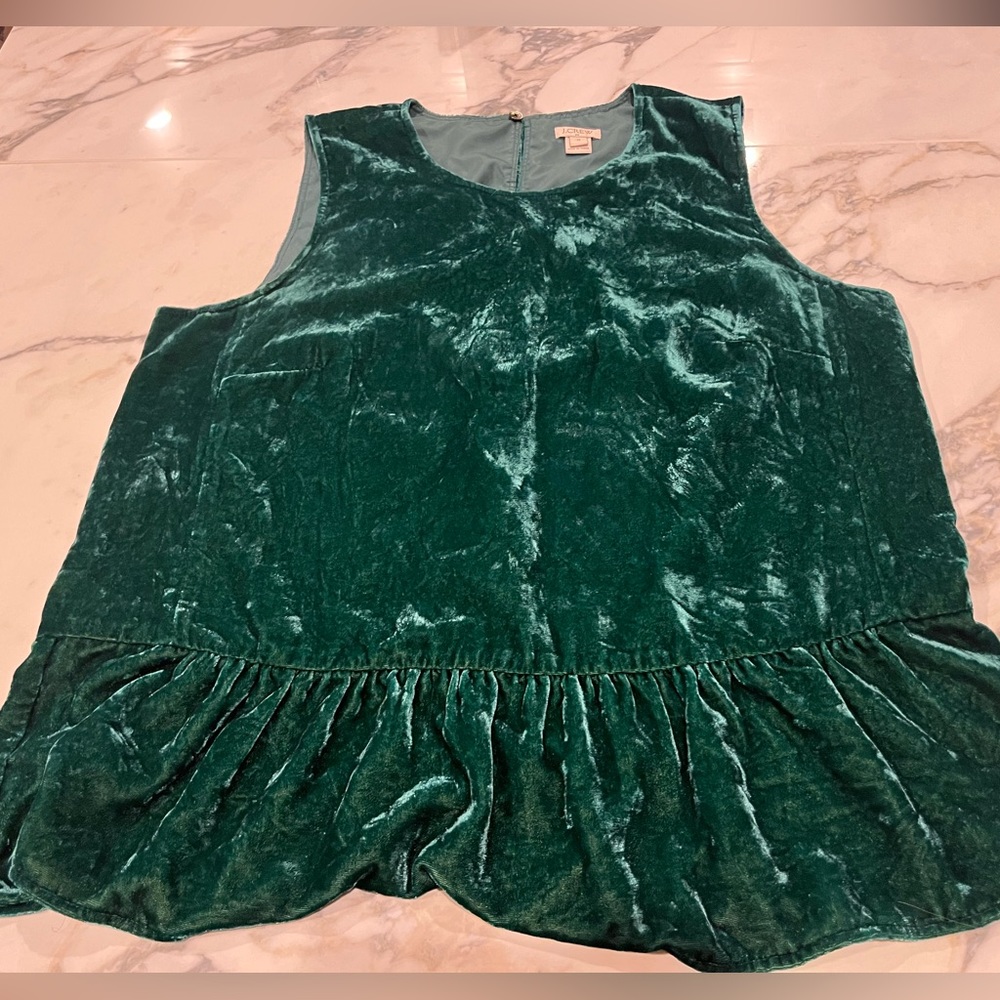 J Crew Women’s Velvet Peplum Top Festive Shirt Green Ruffled Sleeveless sz 12